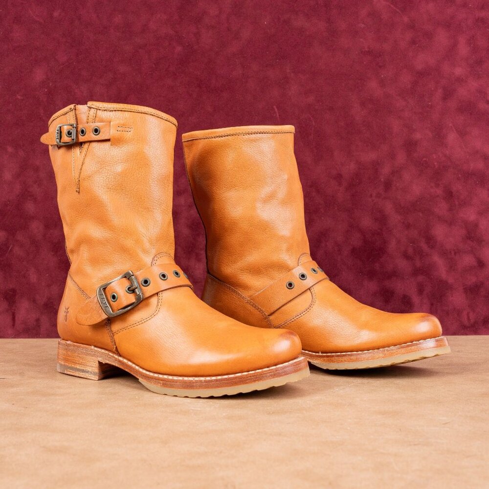 Frye Wmn Veronica Short Moto Biker Slip-on Cognac Leather Buckle Mid Boots sz 7